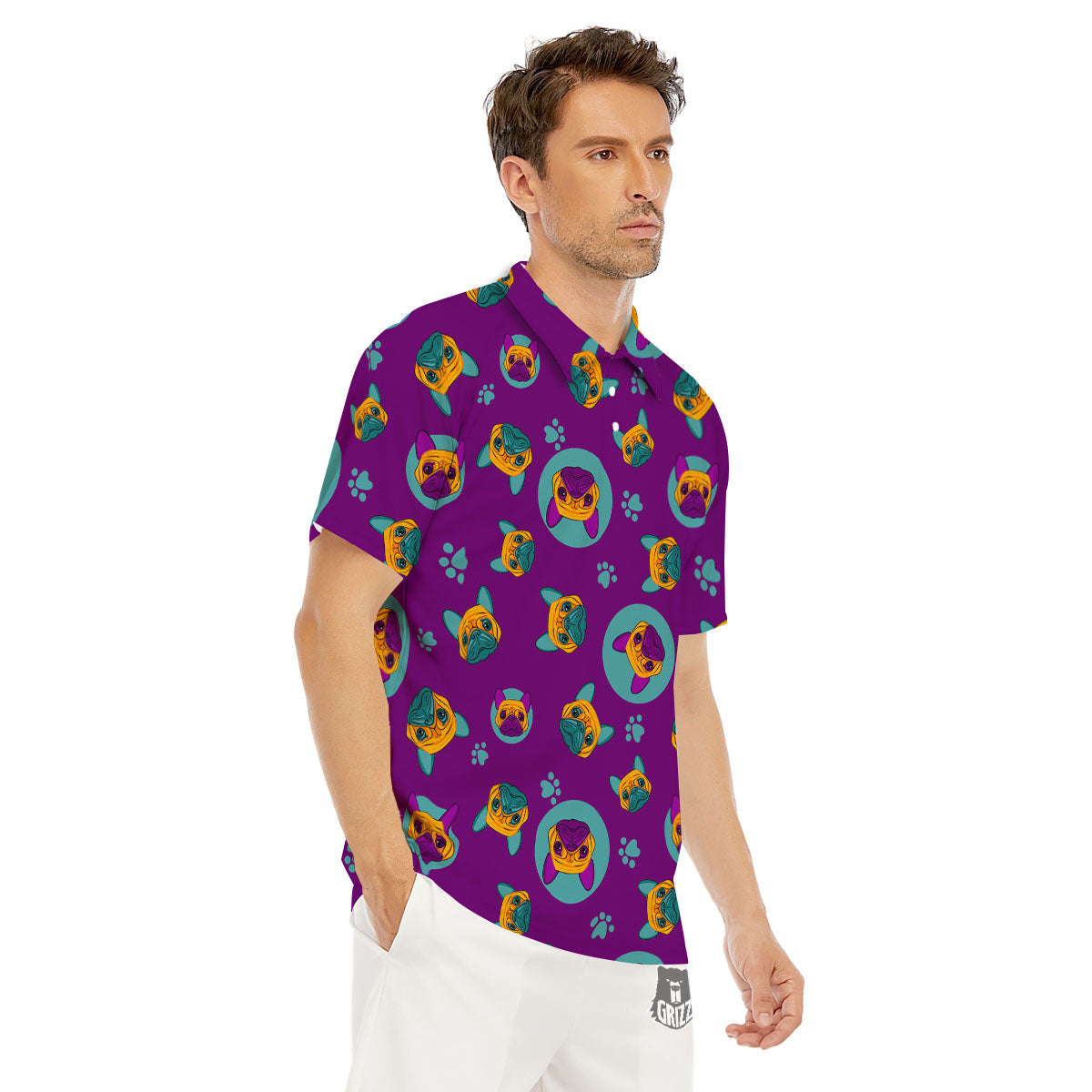 Boston Terrier Purple Print Pattern Men's Golf Shirts-grizzshop