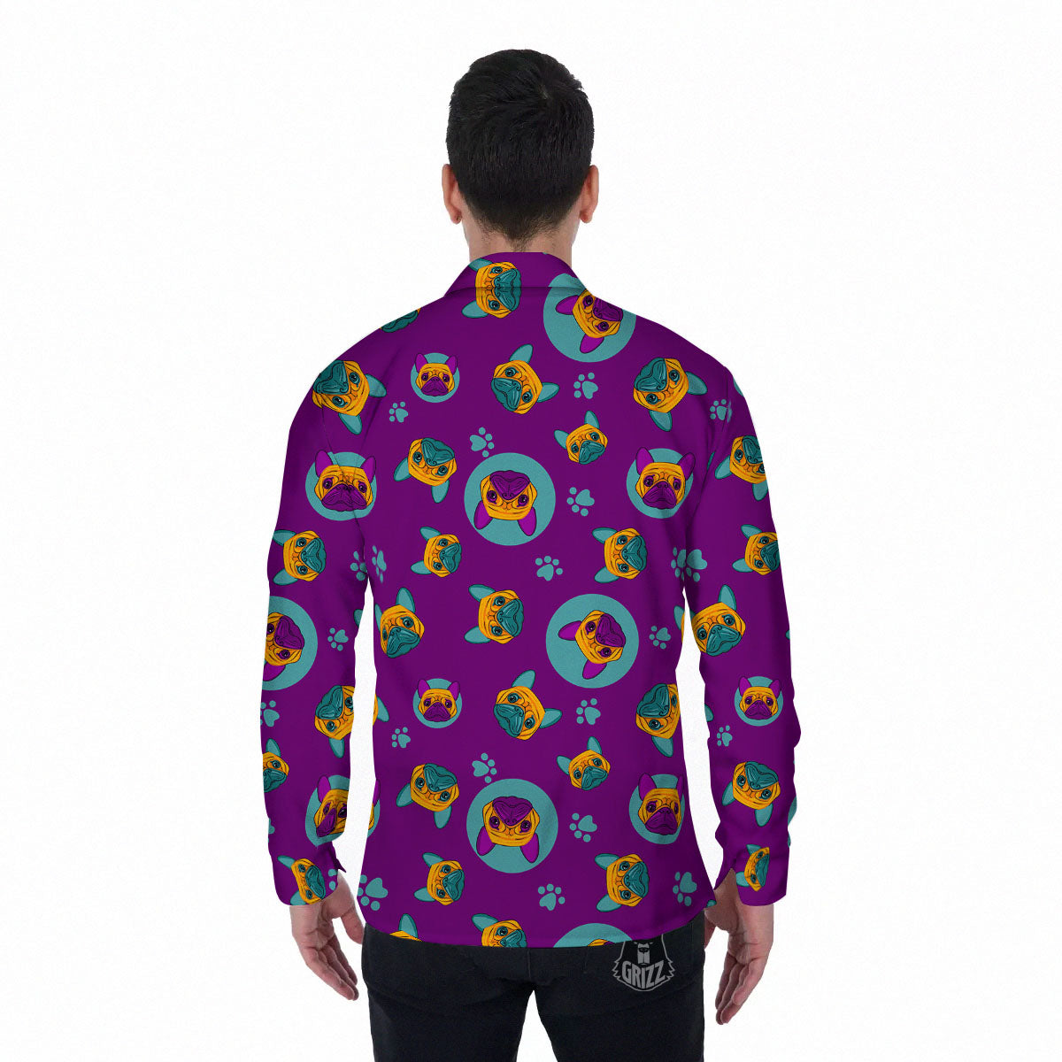 Boston Terrier Purple Print Pattern Men's Long Sleeve Shirts-grizzshop