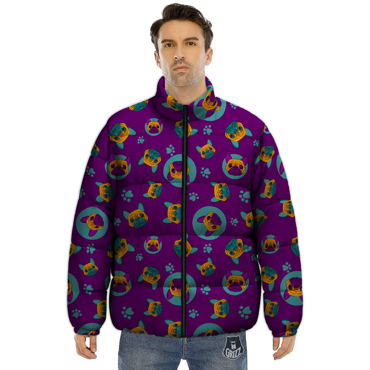 Boston Terrier Purple Print Pattern Puffer Jacket-grizzshop
