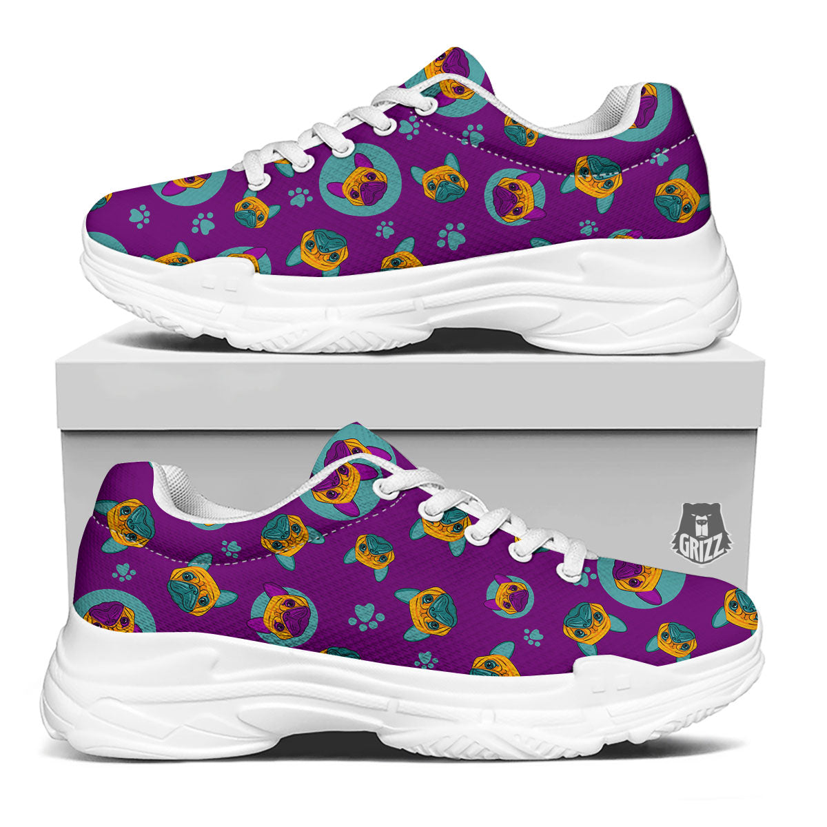 Boston Terrier Purple Print Pattern White Chunky Shoes-grizzshop