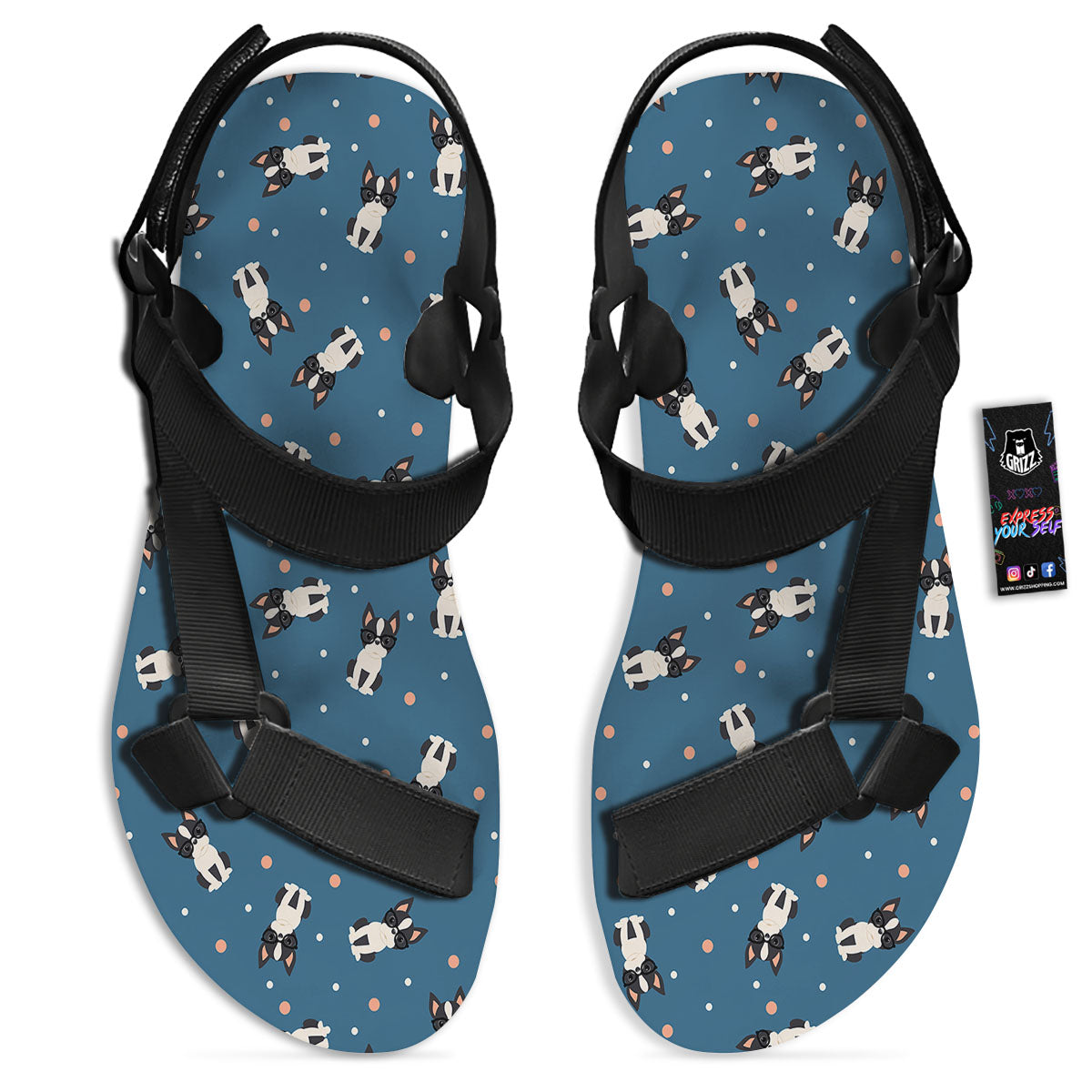 Boston Terrier Wearing Glasses Print Black Open Toe Sandals-grizzshop