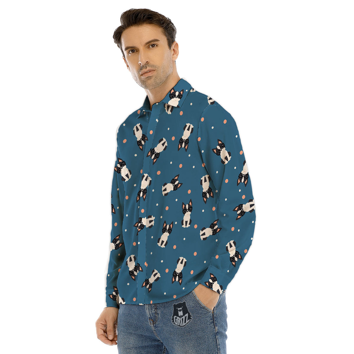 Boston Terrier Wearing Glasses Print Men's Dress Shirts-grizzshop