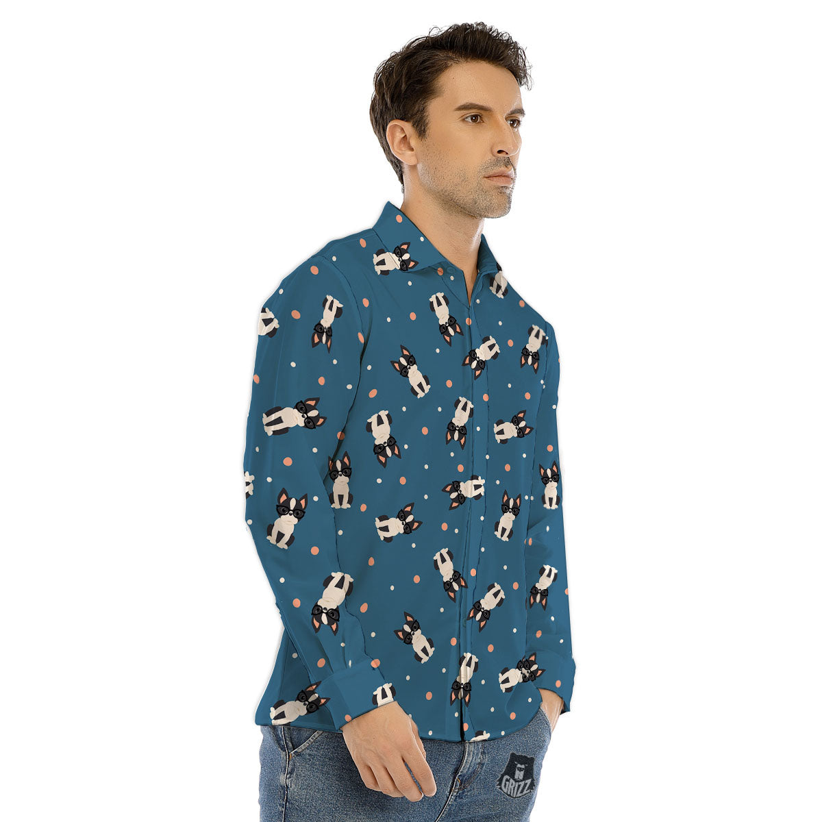 Boston Terrier Wearing Glasses Print Men's Dress Shirts-grizzshop