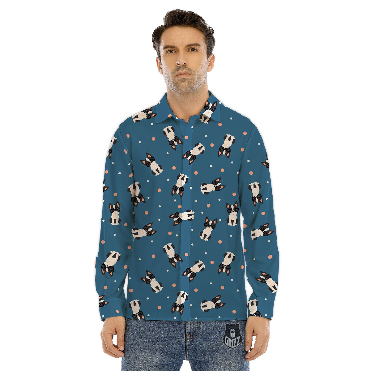 Boston Terrier Wearing Glasses Print Men's Dress Shirts-grizzshop