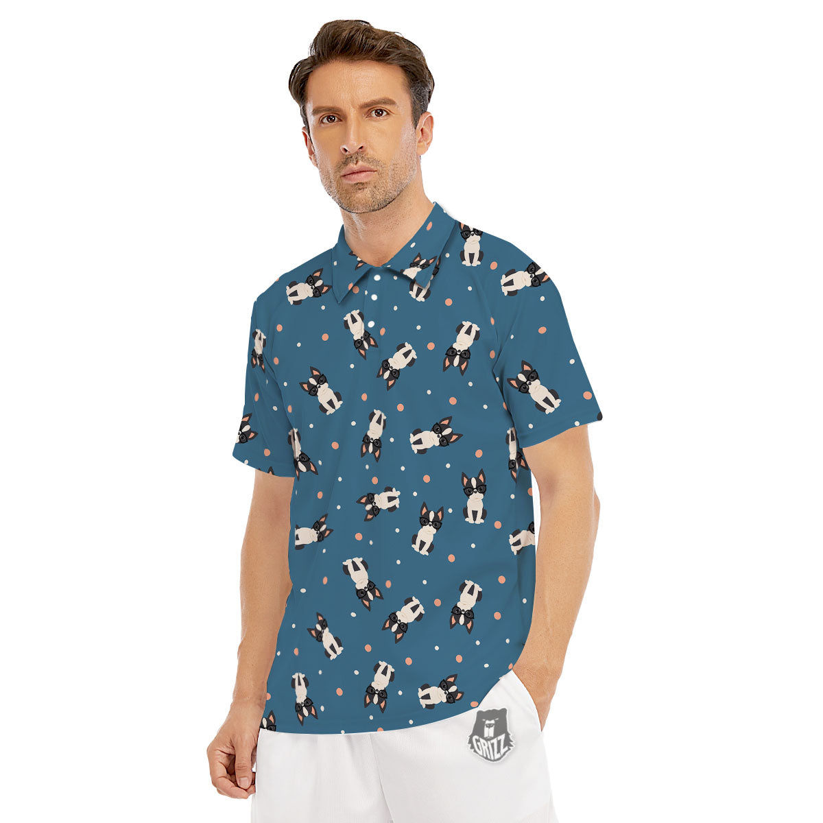 Boston Terrier Wearing Glasses Print Men's Golf Shirts-grizzshop