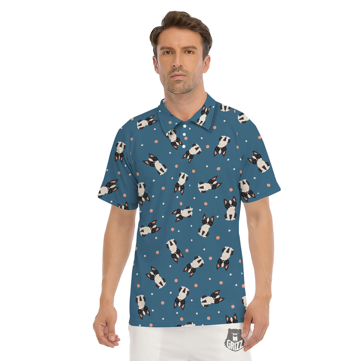 Boston Terrier Wearing Glasses Print Men's Golf Shirts-grizzshop