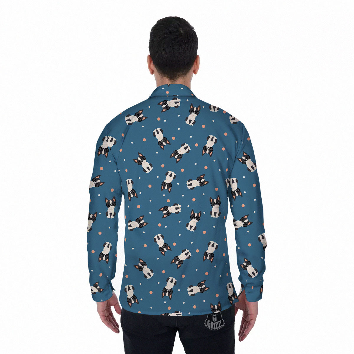 Boston Terrier Wearing Glasses Print Men's Long Sleeve Shirts-grizzshop