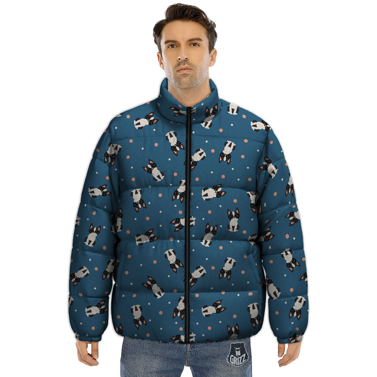 Boston Terrier Wearing Glasses Print Puffer Jacket-grizzshop