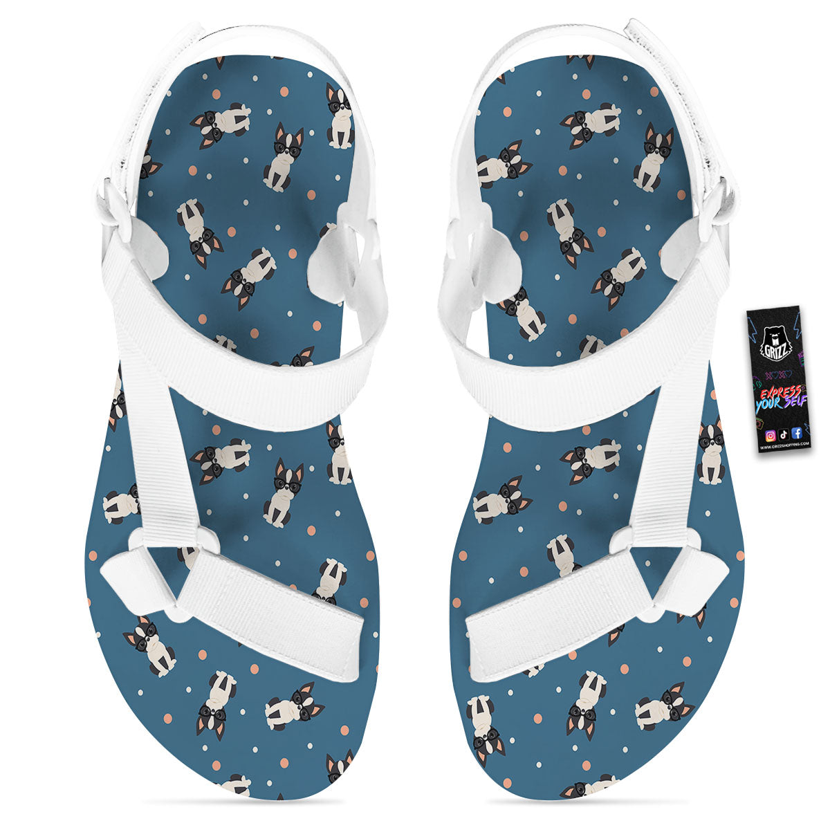Boston Terrier Wearing Glasses Print White Open Toe Sandals-grizzshop