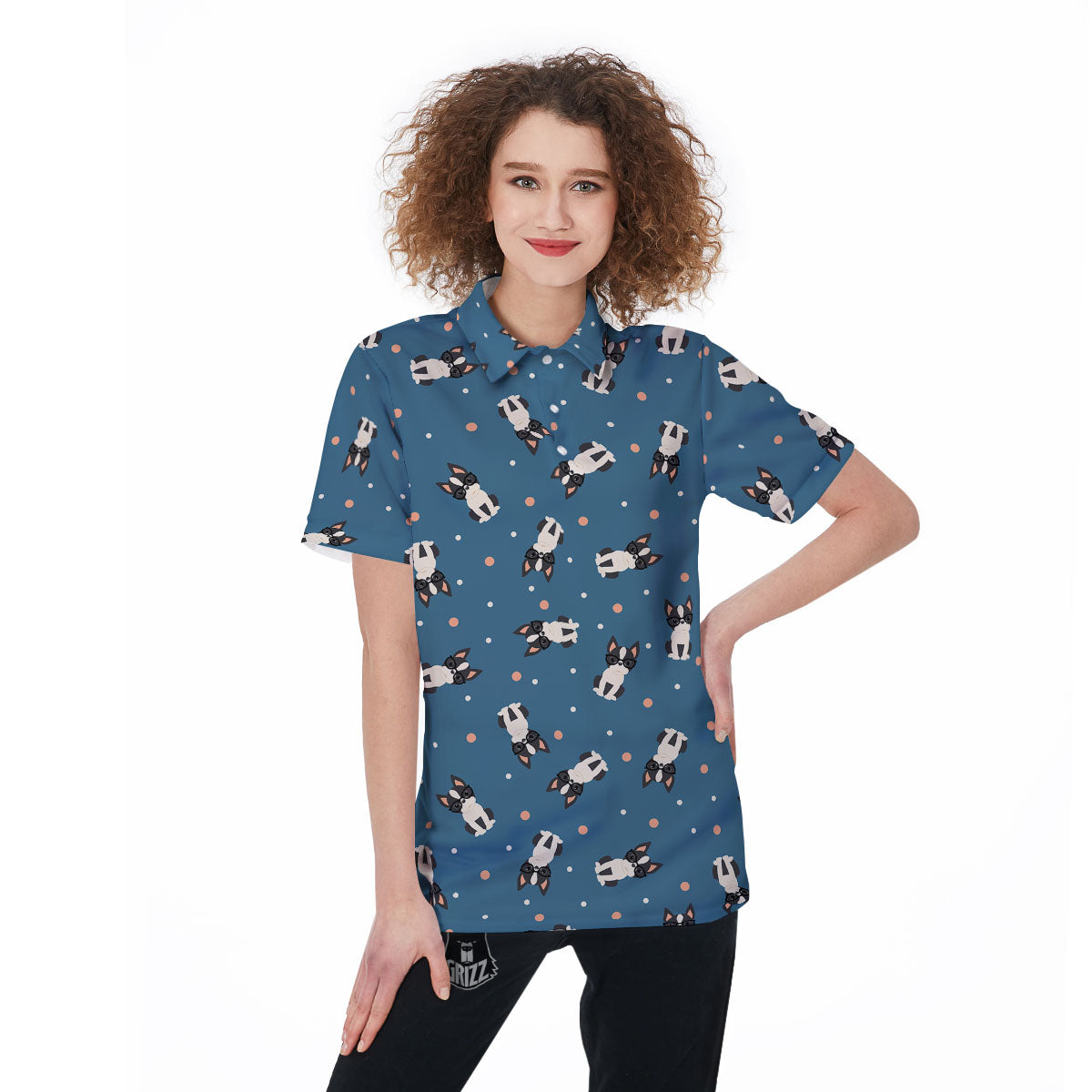 Boston Terrier Wearing Glasses Print Women's Golf Shirts-grizzshop