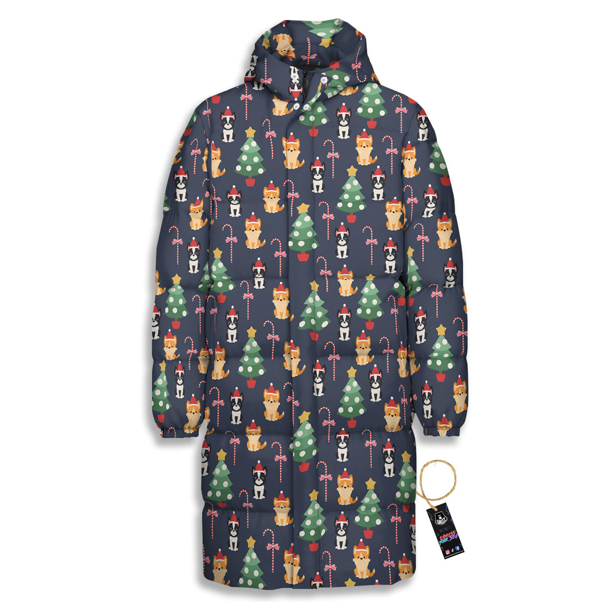 Boston Terrier And Corgi Christmas Print Long Down Jacket