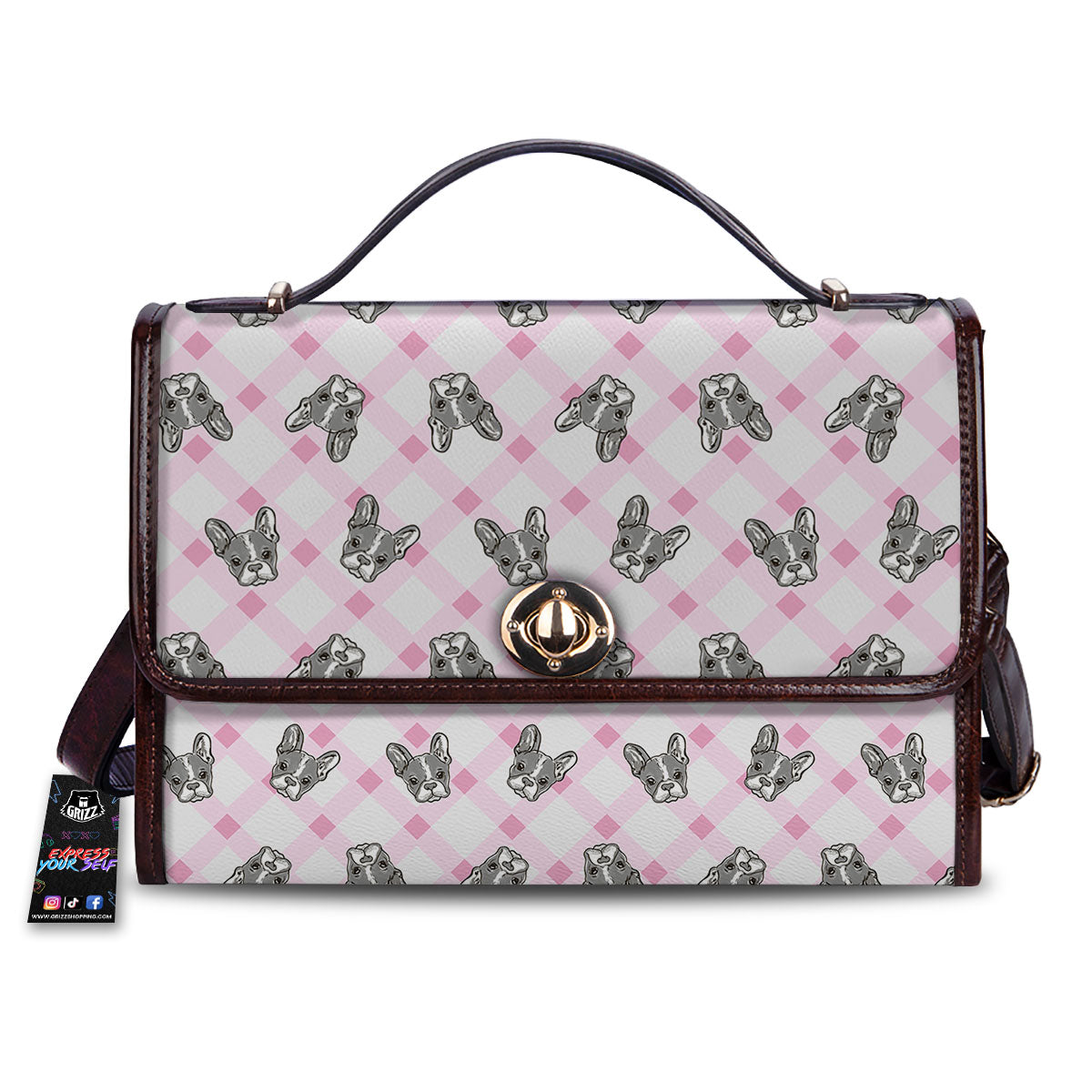 Boston Terrier Pink Plaid Print Pattern Women's Satchel Bag