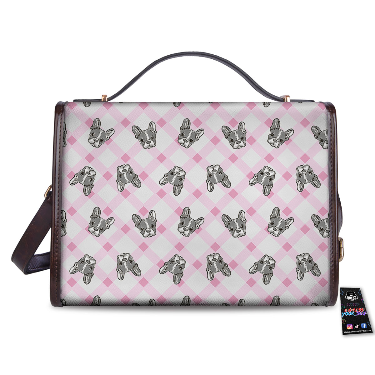 Boston Terrier Pink Plaid Print Pattern Women's Satchel Bag