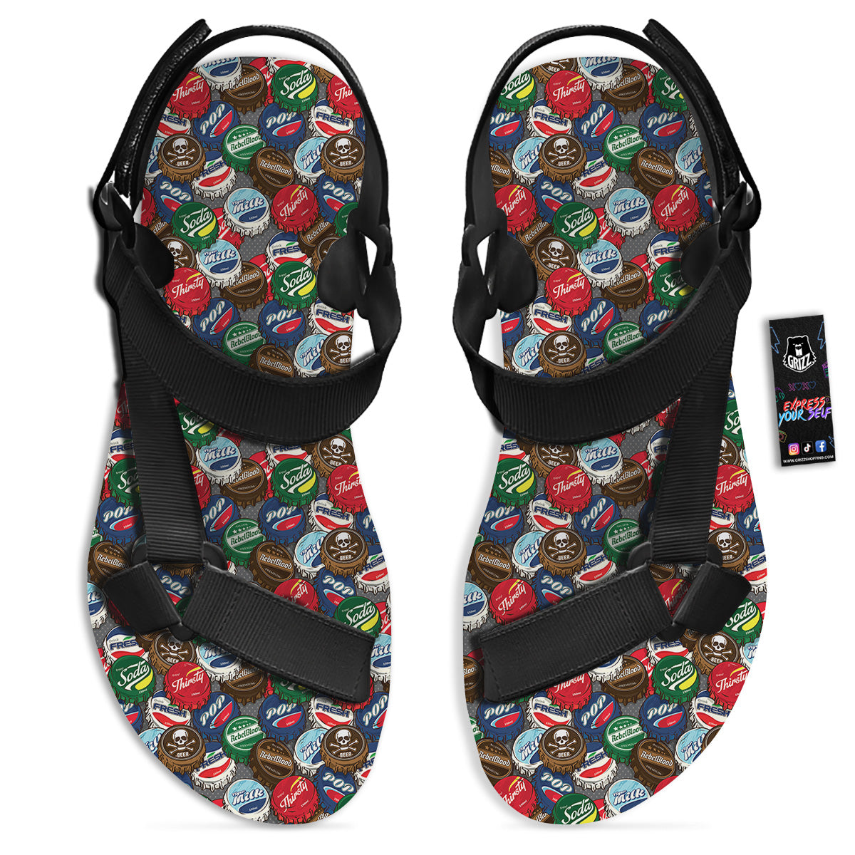 Bottle Caps Print Pattern Black Open Toe Sandals-grizzshop