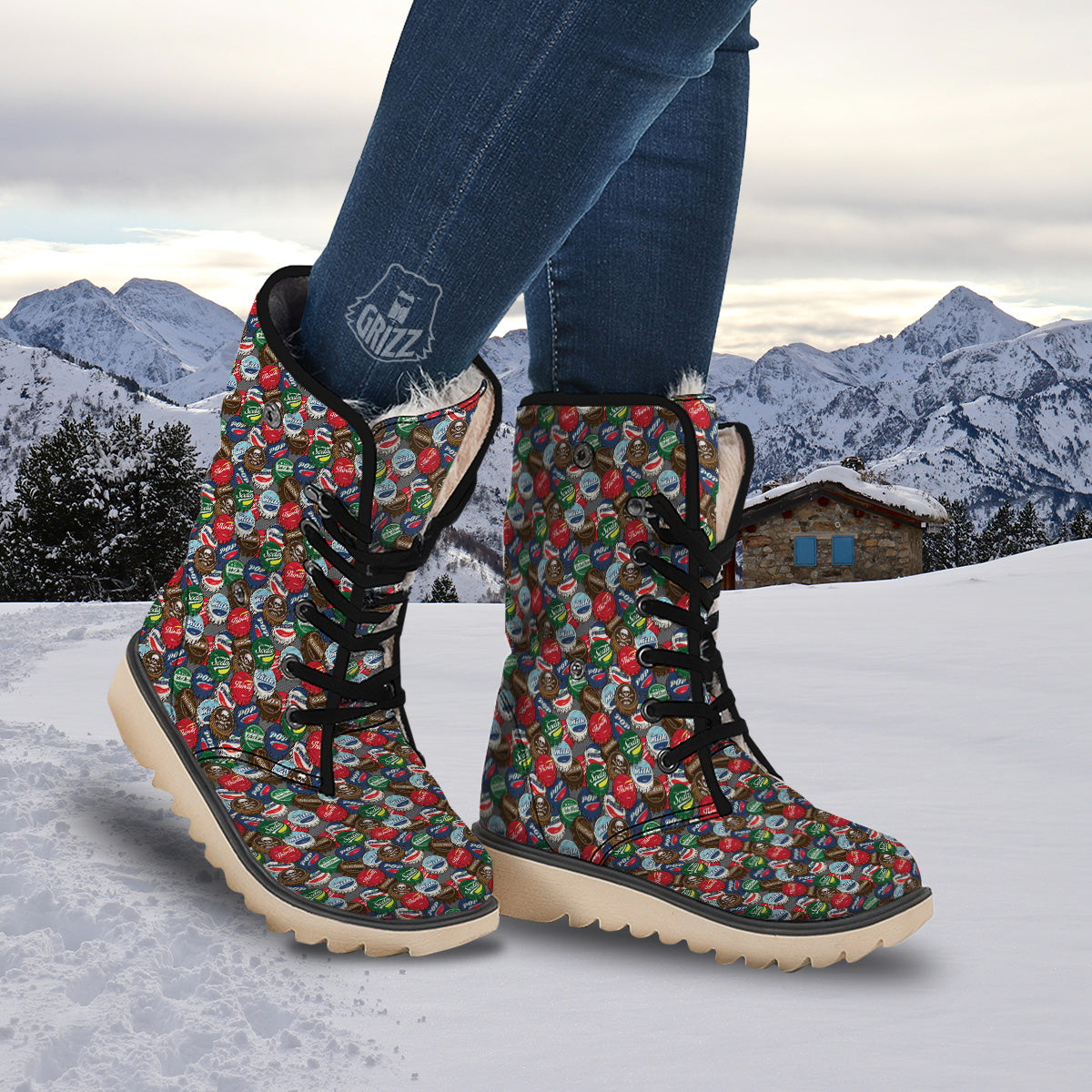 Bottle Caps Print Pattern Snow Boots-grizzshop