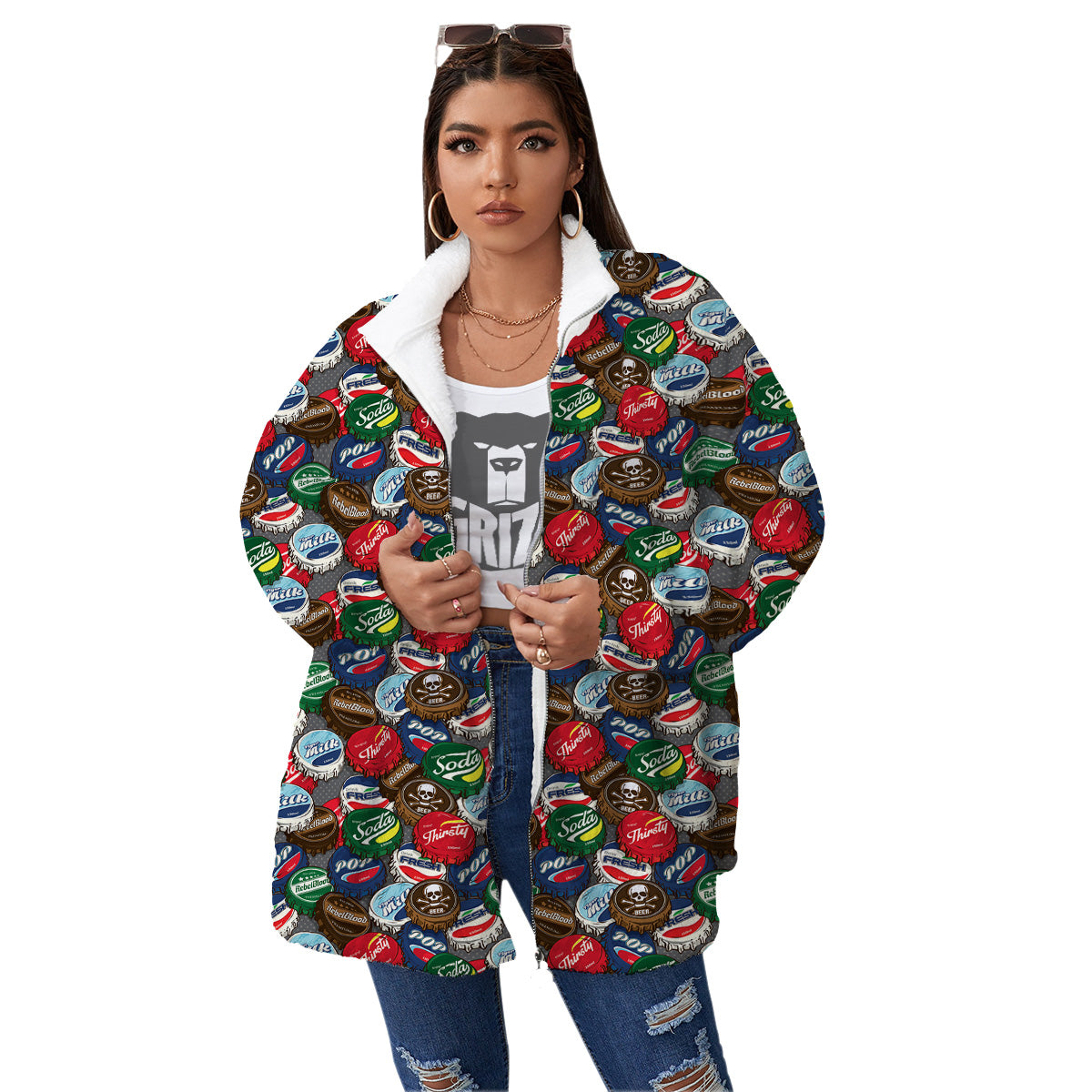 Bottle Caps Print Pattern Women's Sherpa Jacket-grizzshop