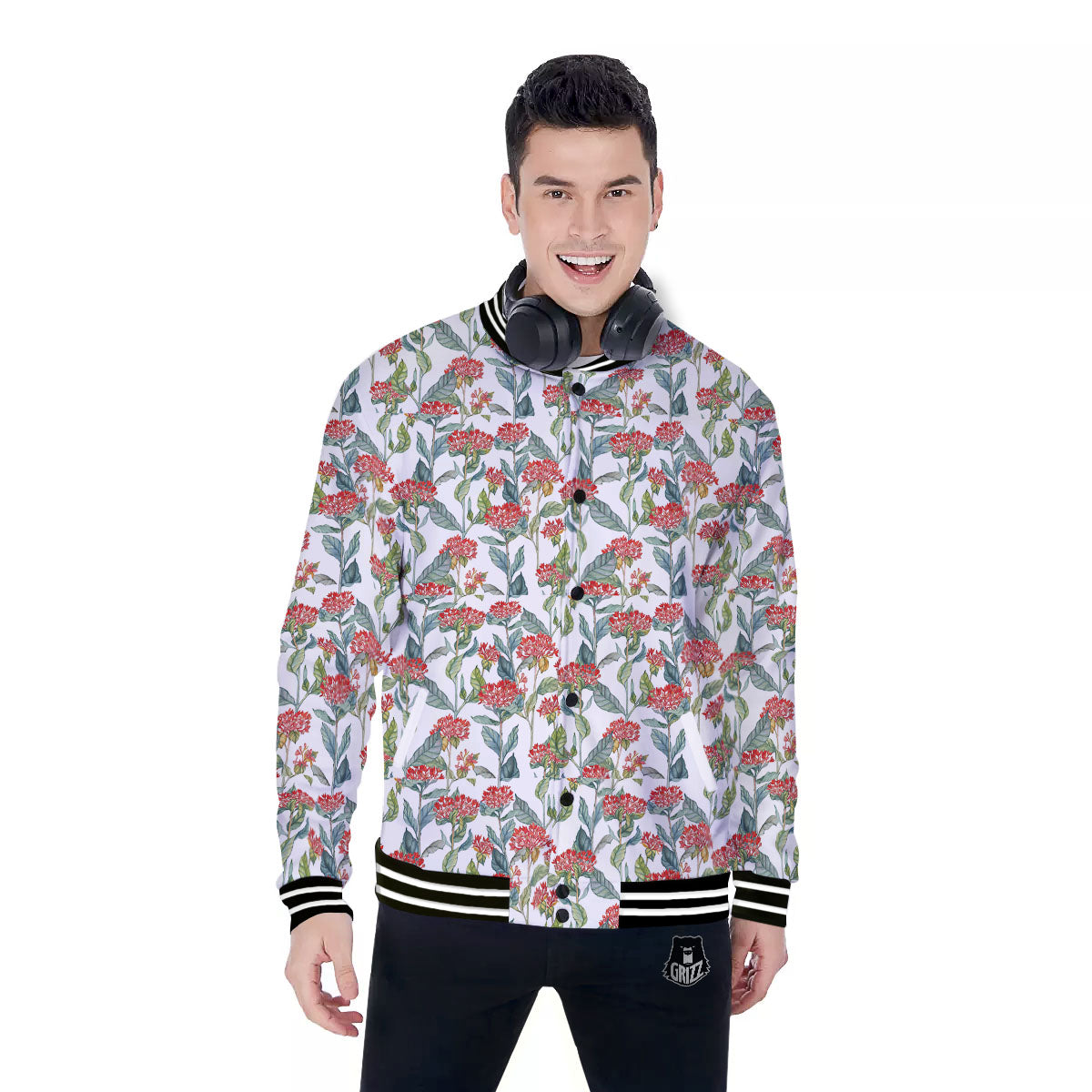 Bouvardia Print Pattern Baseball Jacket-grizzshop