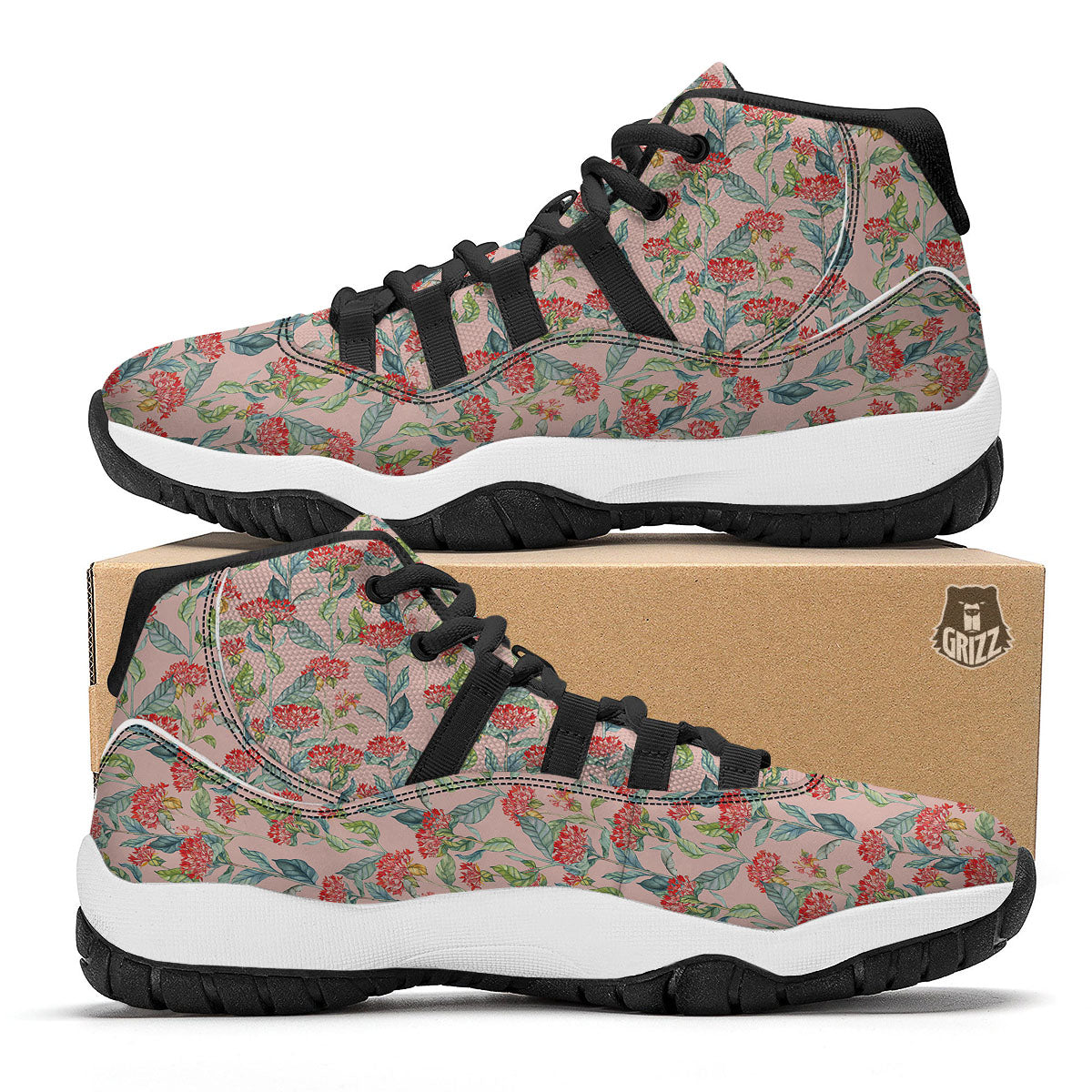 Bouvardia Red Print Pattern Black Bball Shoes-grizzshop
