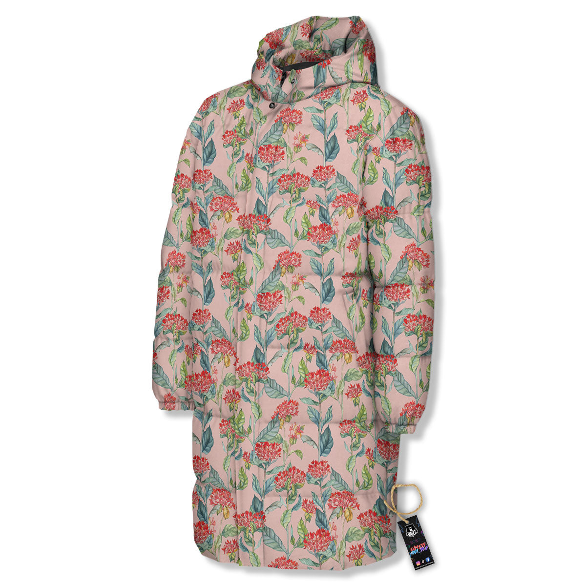 Bouvardia Red Print Pattern Long Down Jacket-grizzshop