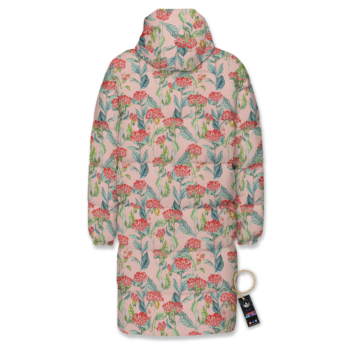 Bouvardia Red Print Pattern Long Down Jacket-grizzshop