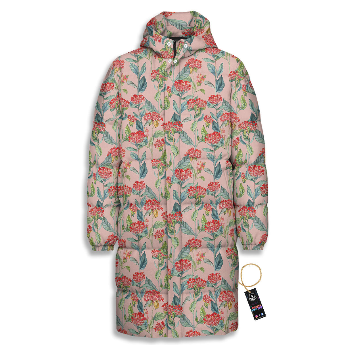 Bouvardia Red Print Pattern Long Down Jacket-grizzshop