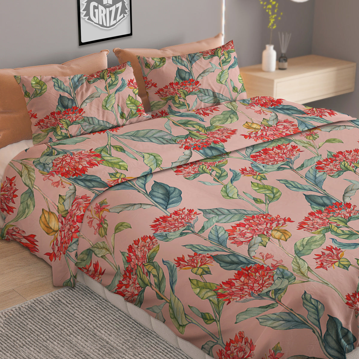 Bouvardia Watercolor Print Pattern Duvet Cover Bedding Set