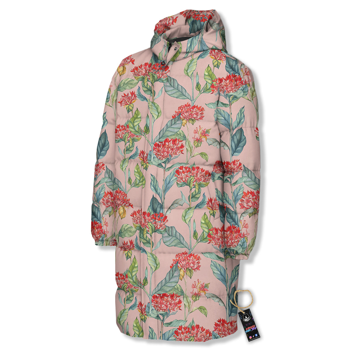 Bouvardia Watercolor Print Pattern Long Down Jacket-grizzshop