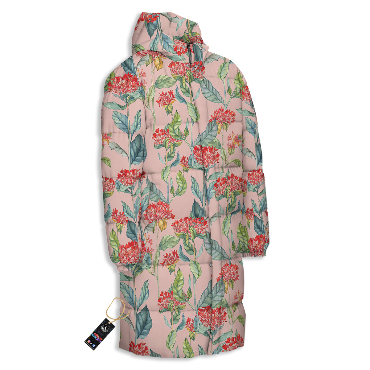 Bouvardia Watercolor Print Pattern Long Down Jacket-grizzshop