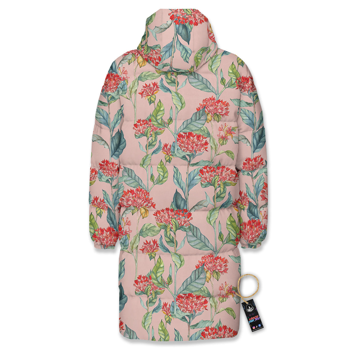 Bouvardia Watercolor Print Pattern Long Down Jacket-grizzshop