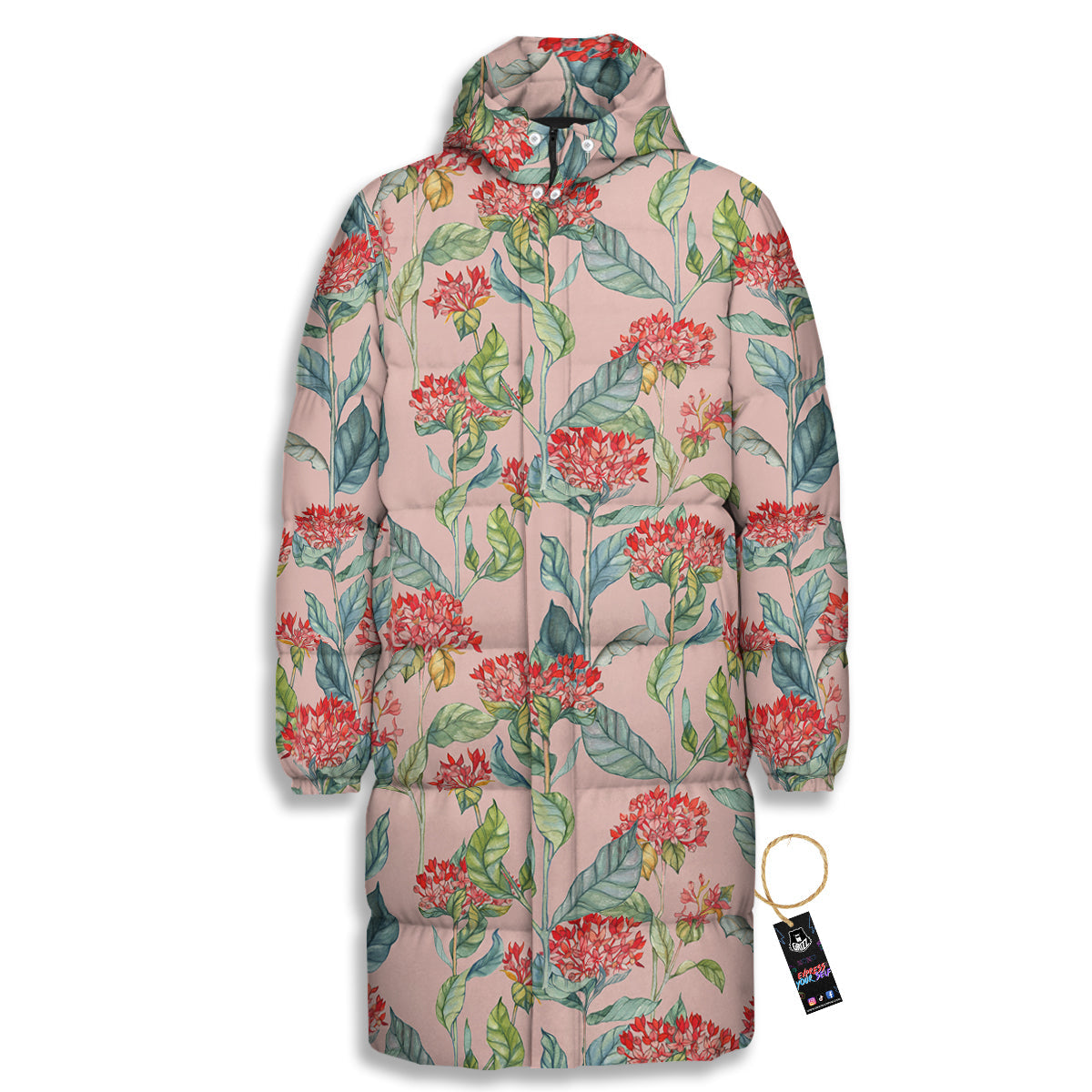 Bouvardia Watercolor Print Pattern Long Down Jacket-grizzshop