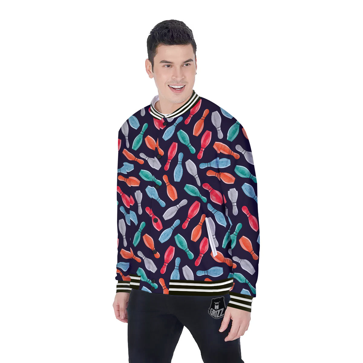 Bowling Pins Watercolor Print Pattern Baseball Jacket-grizzshop