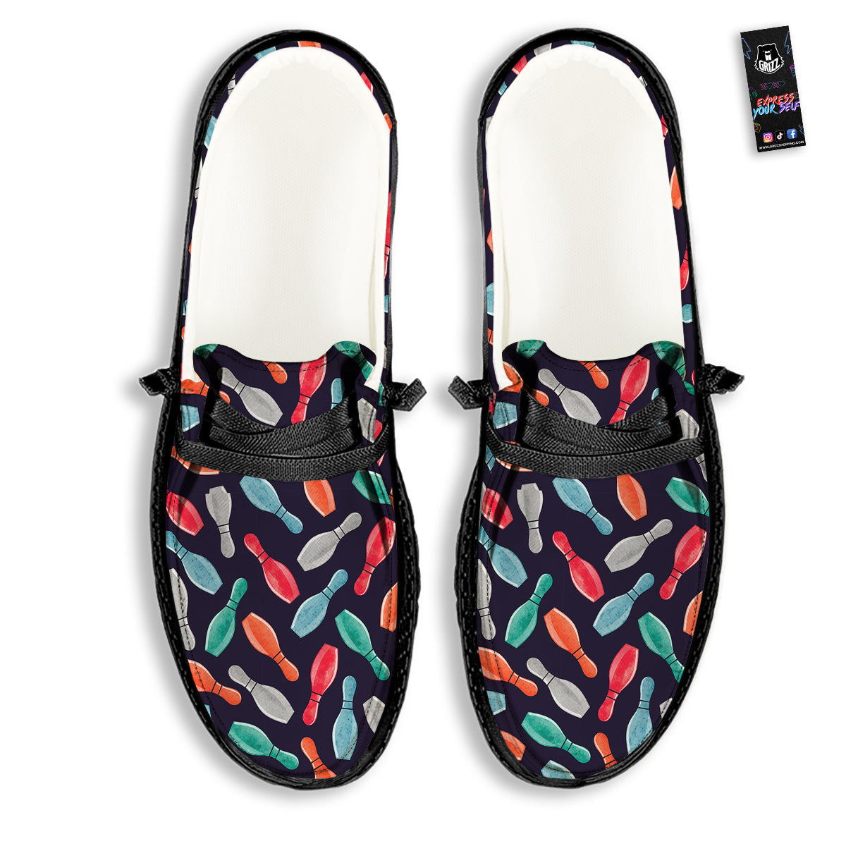 Bowling Pins Watercolor Print Pattern Black Loafers-grizzshop