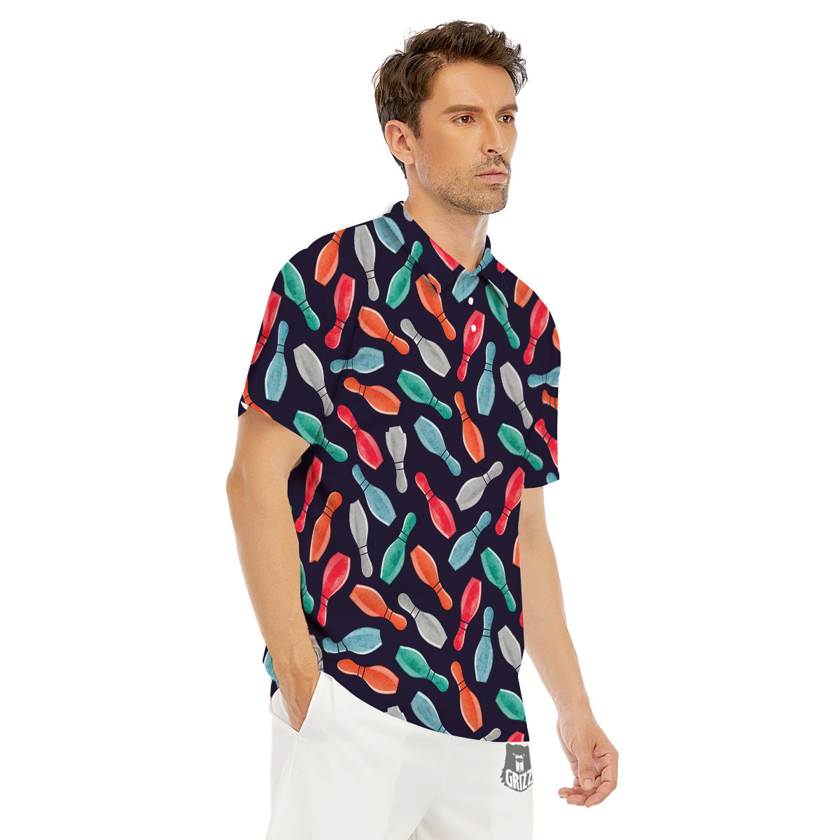 Bowling Pins Watercolor Print Pattern Men's Golf Shirts-grizzshop