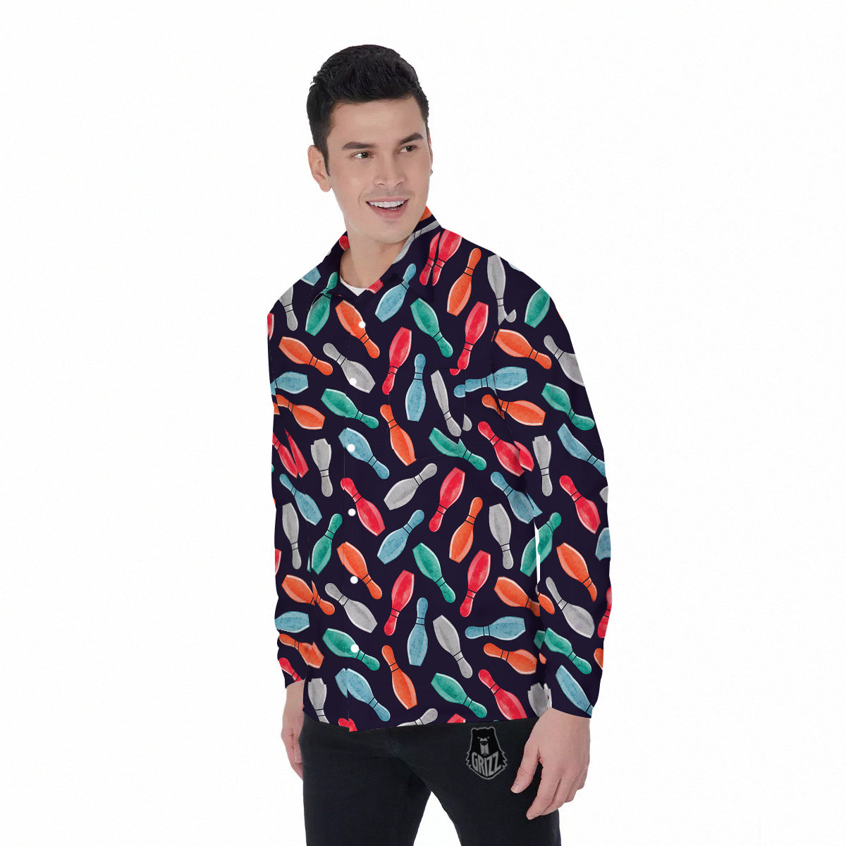 Bowling Pins Watercolor Print Pattern Men's Long Sleeve Shirts-grizzshop