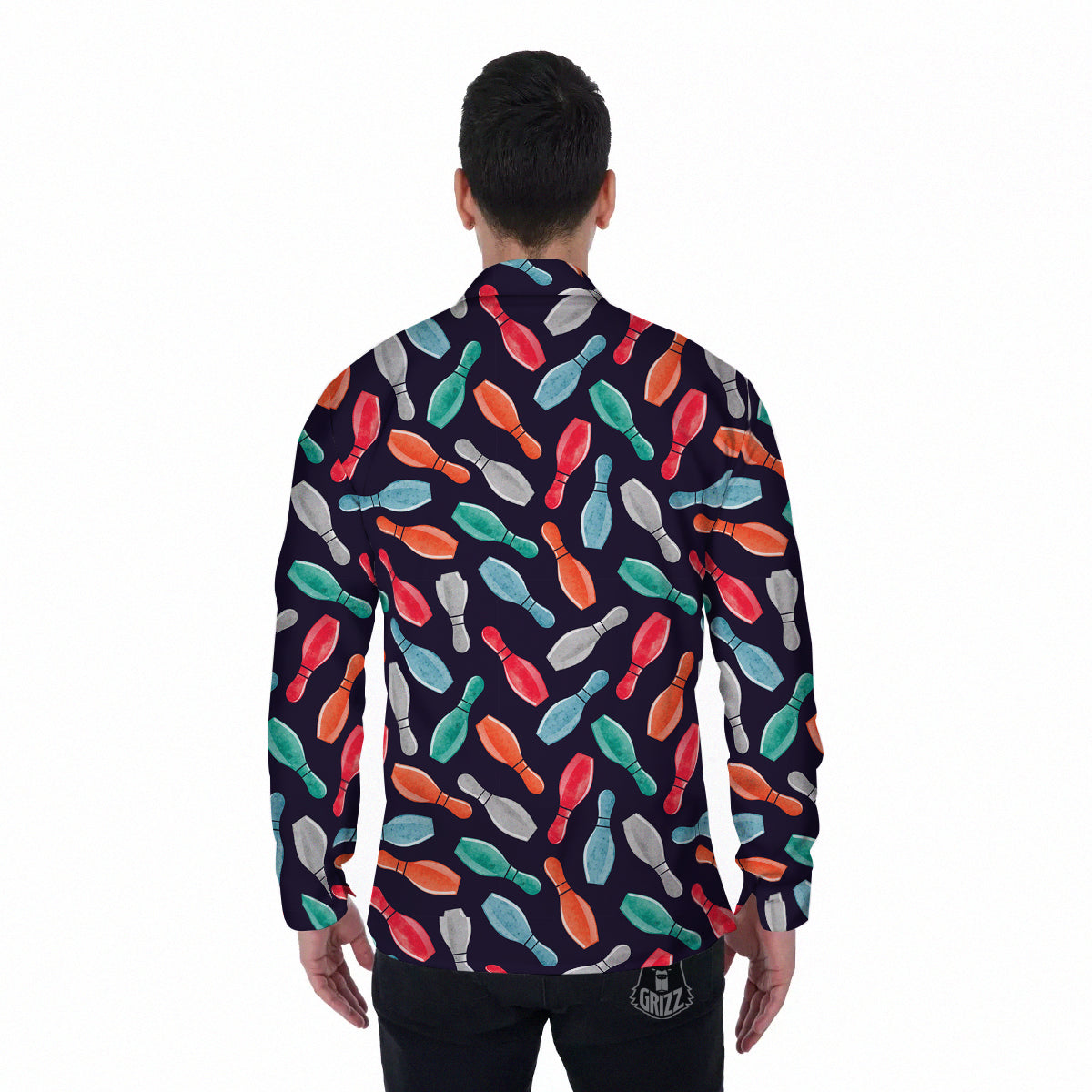 Bowling Pins Watercolor Print Pattern Men's Long Sleeve Shirts-grizzshop