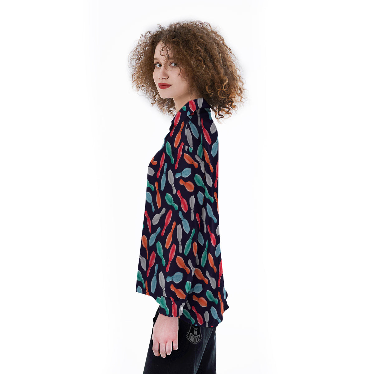 Bowling Pins Watercolor Print Pattern Women's Long Sleeve Shirts-grizzshop