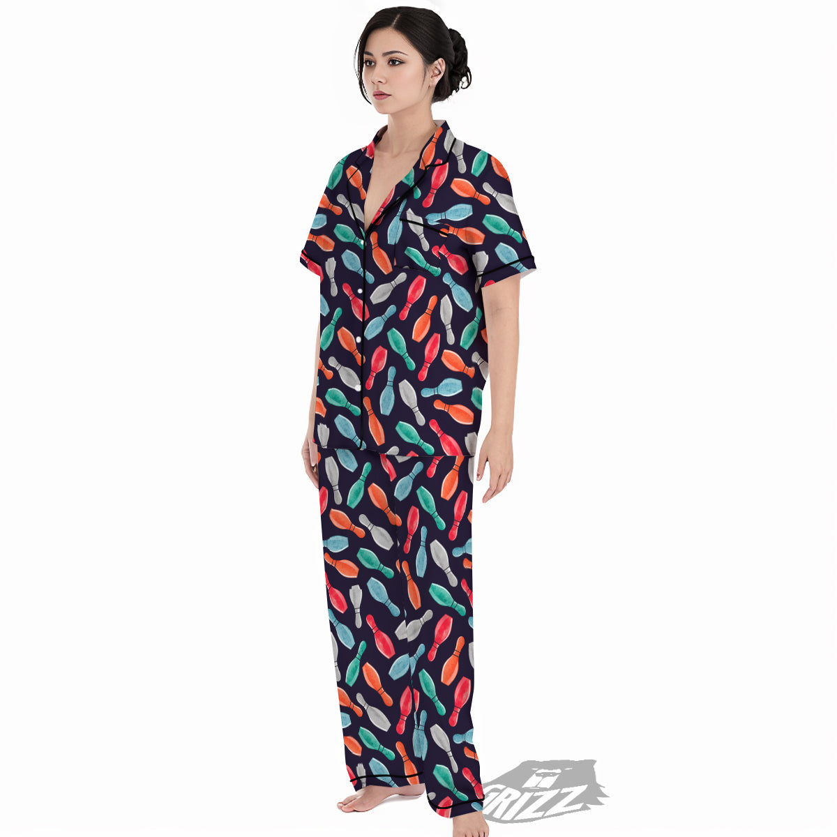 Bowling Pins Watercolor Print Pattern Women's Pajamas Set-grizzshop