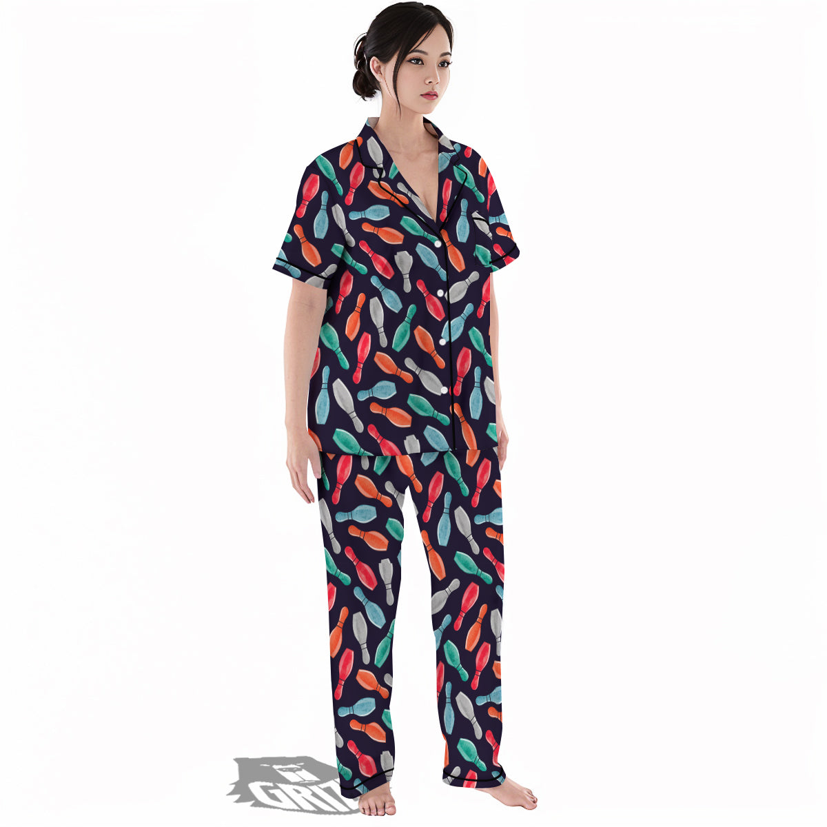 Bowling Pins Watercolor Print Pattern Women's Pajamas Set-grizzshop