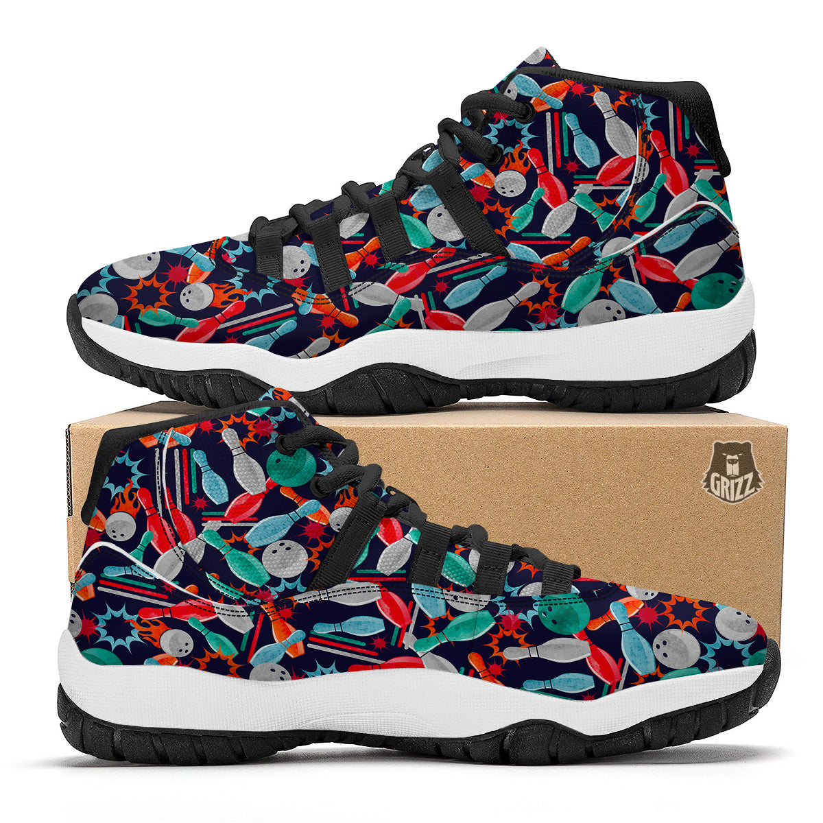 Bowling Stike Pattern Print Black Bball Shoes-grizzshop