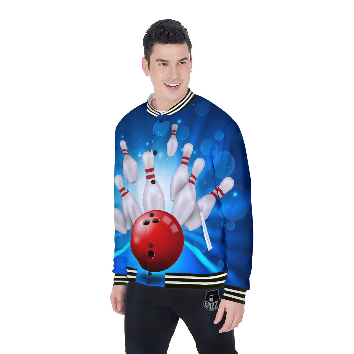 Bowling Strike Print Baseball Jacket-grizzshop