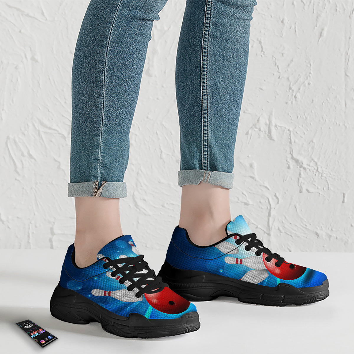 Bowling Strike Print Black Chunky Shoes-grizzshop
