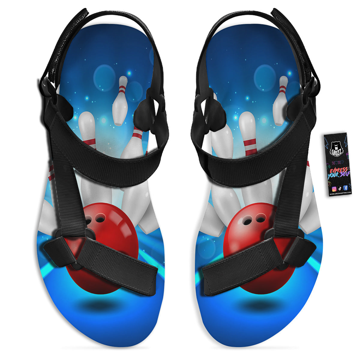 Bowling Strike Print Black Open Toe Sandals-grizzshop