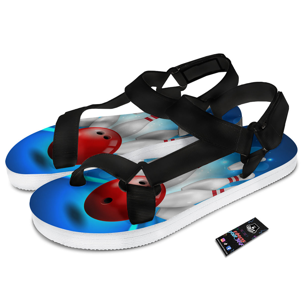 Bowling Strike Print Black Open Toe Sandals-grizzshop