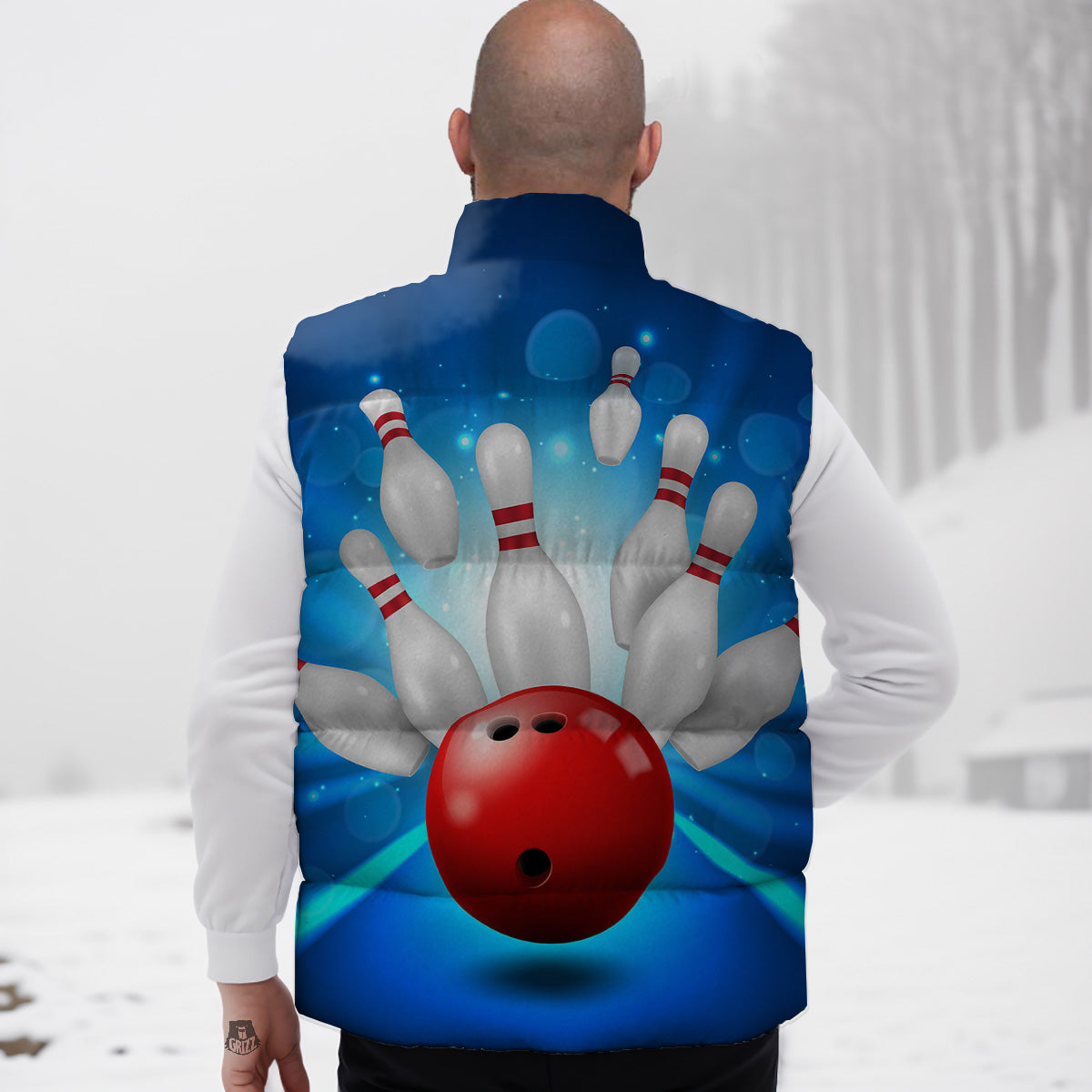 Bowling Strike Print Down Vest-grizzshop