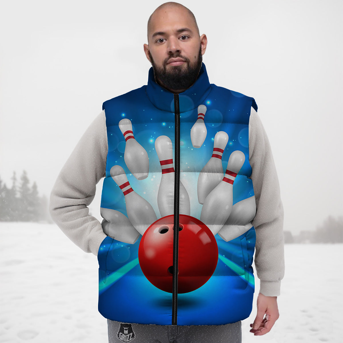 Bowling Strike Print Down Vest-grizzshop