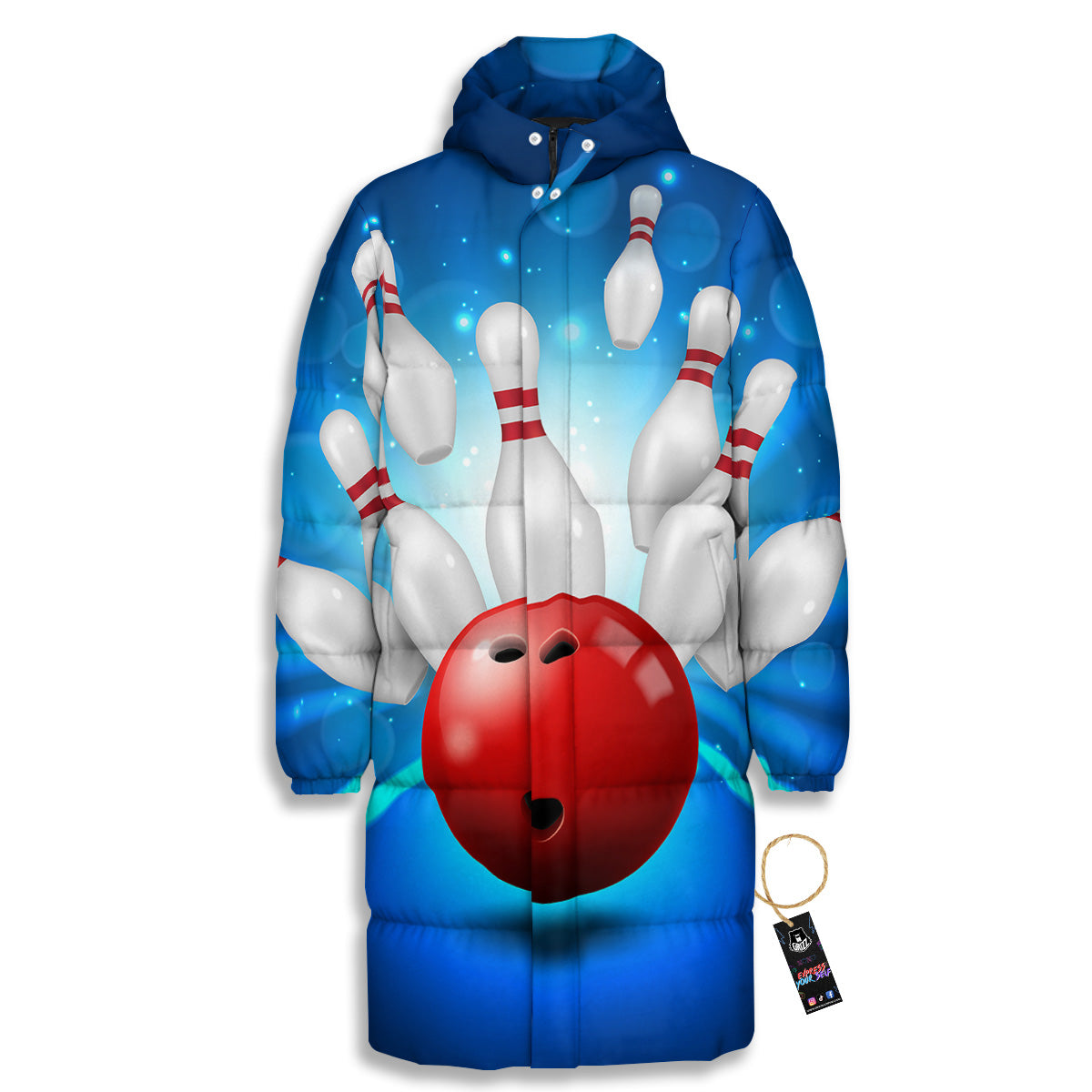 Bowling Strike Print Long Down Jacket-grizzshop