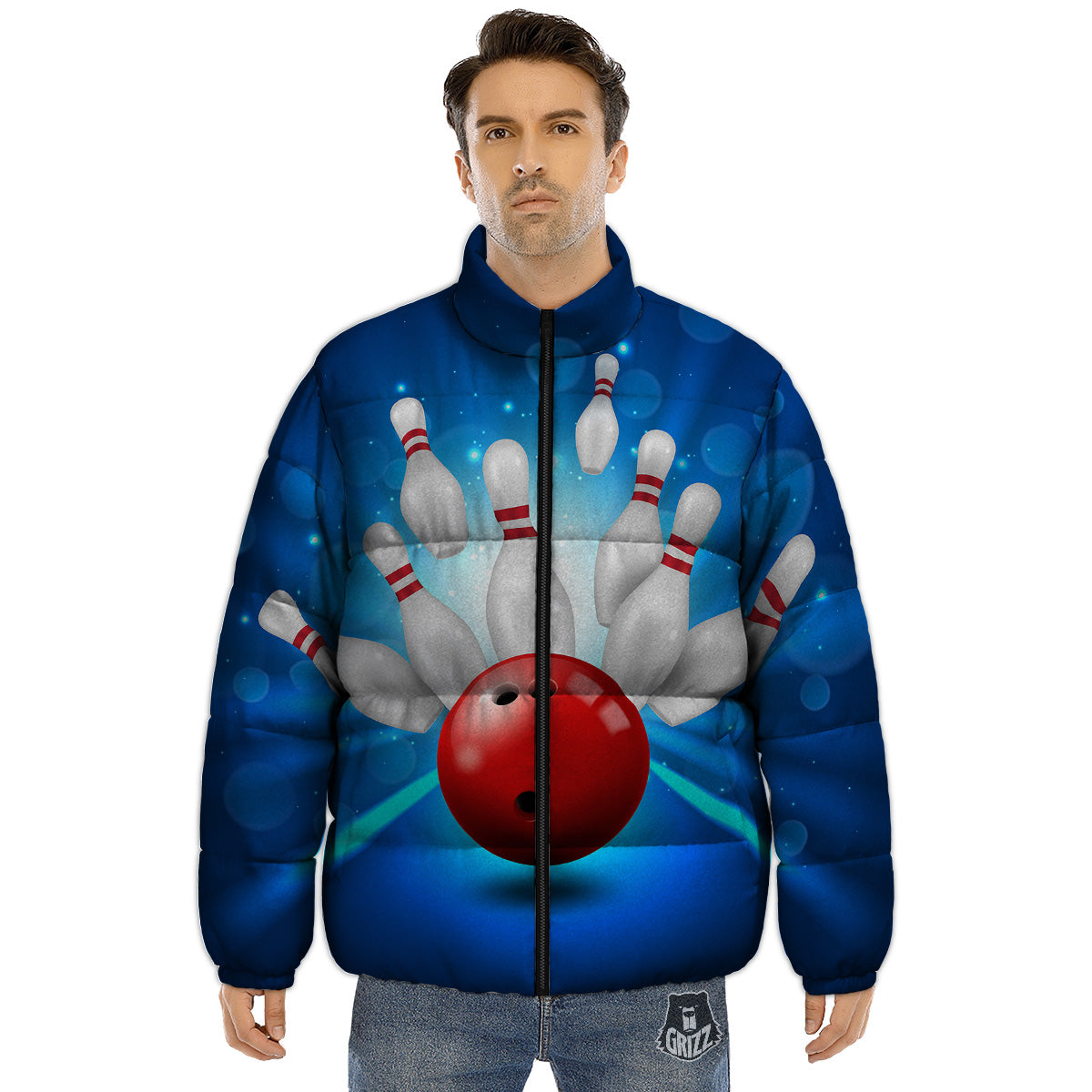 Bowling Strike Print Puffer Jacket-grizzshop