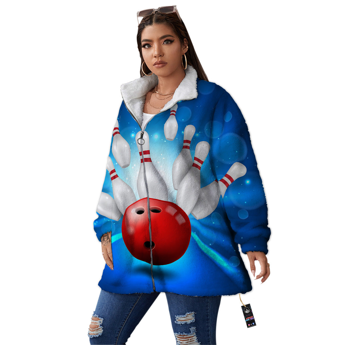 Bowling Strike Print Women's Sherpa Jacket-grizzshop