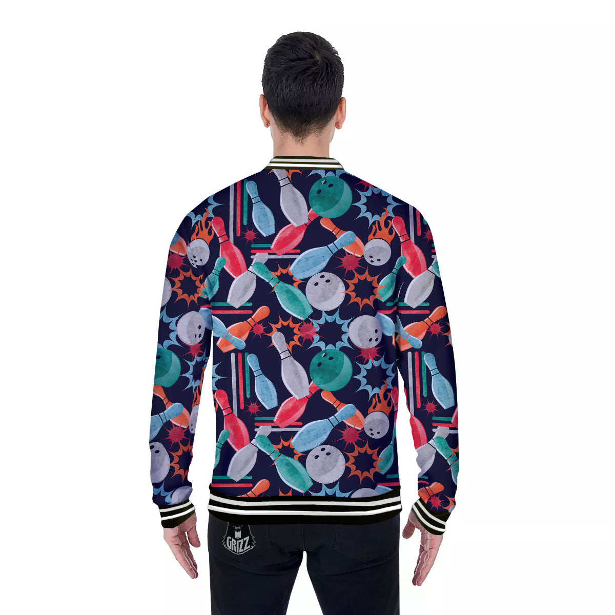 Bowling Theme Watercolor Print Pattern Baseball Jacket-grizzshop