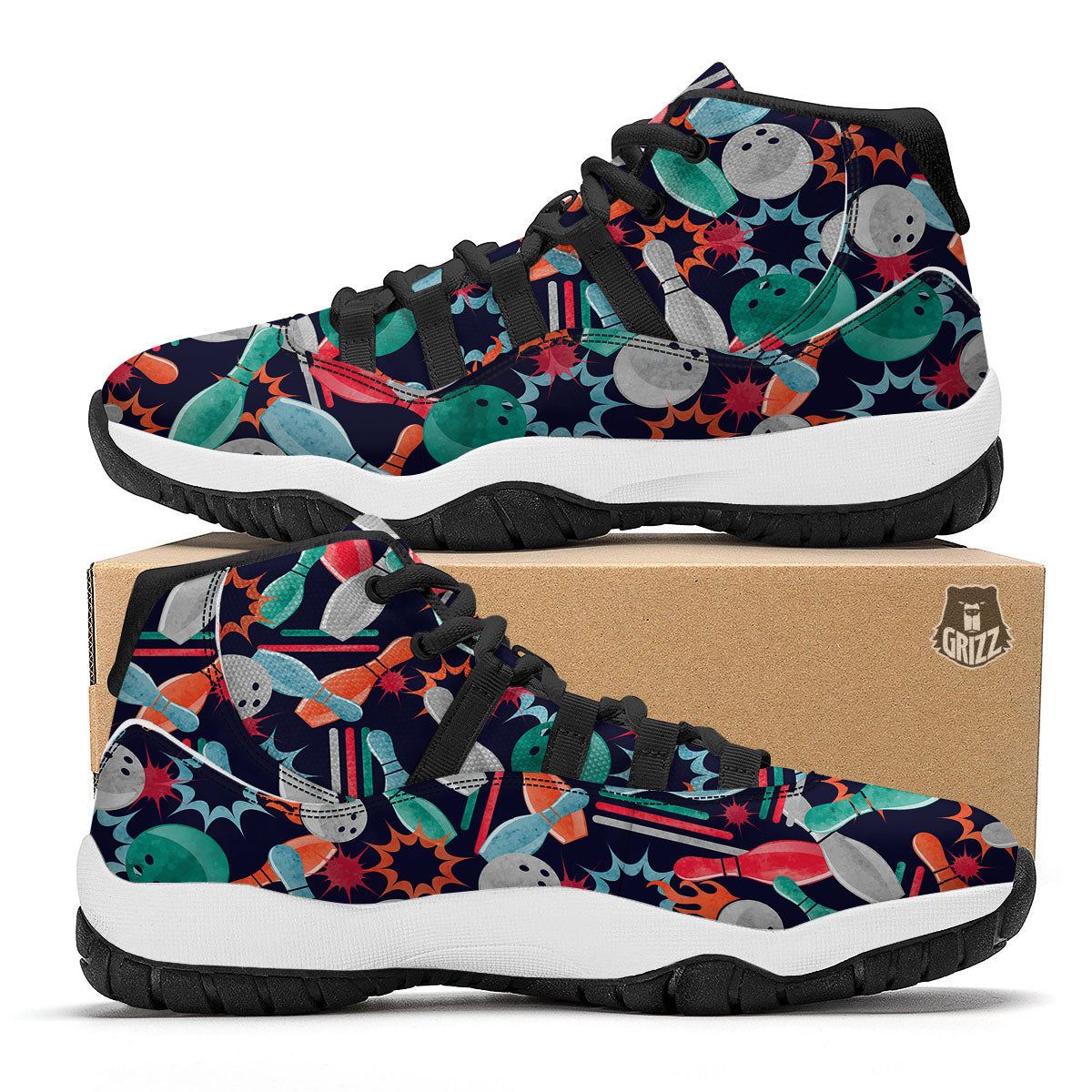 Bowling Theme Watercolor Print Pattern Black Bball Shoes-grizzshop